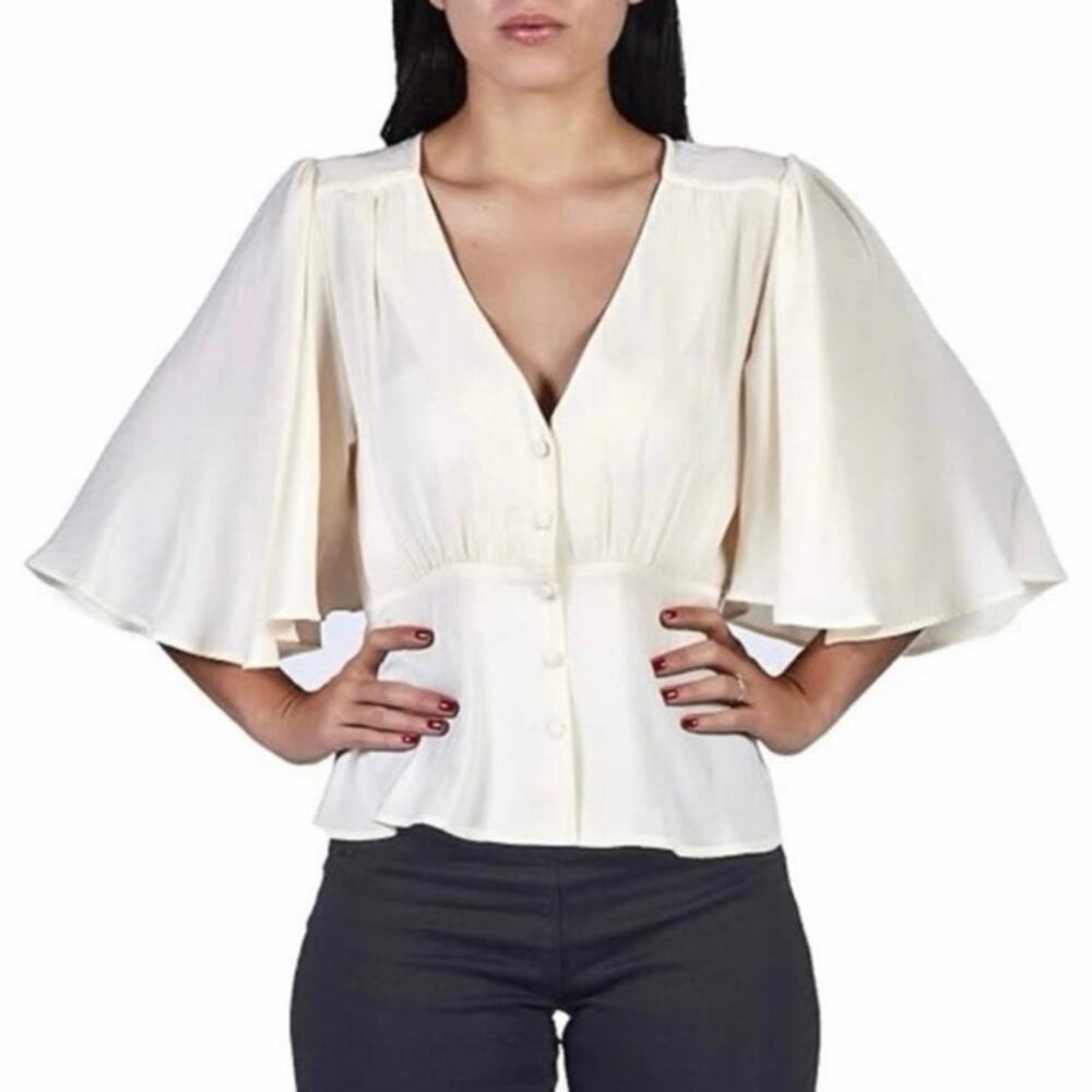 Forever 21 Boho Romantic Vanilla Creme Button-Front Flutter Sleeve Blouse Size S